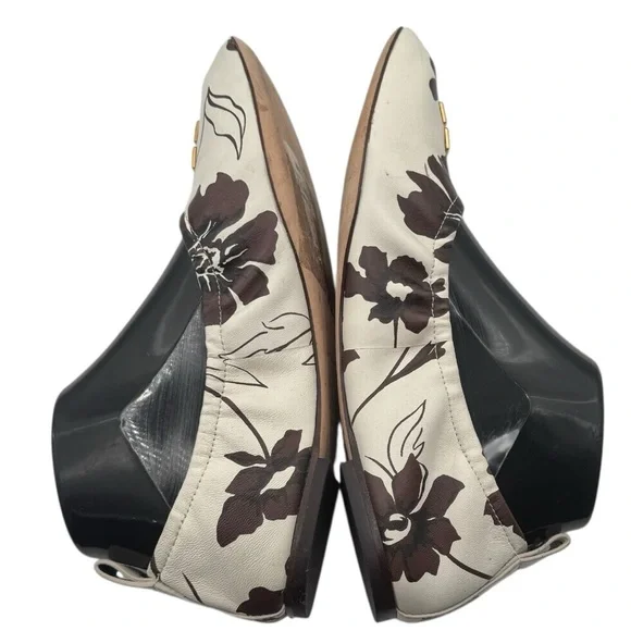 TORY‎ BURCH Women's Cream/Brown Leather Elastic Britten Ballet Flats Size 7.5